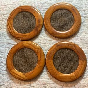 VINTAGE COASTERS (4) POLISHED WOOD/ TEXTURED FABRIC INSET -CORK BACK